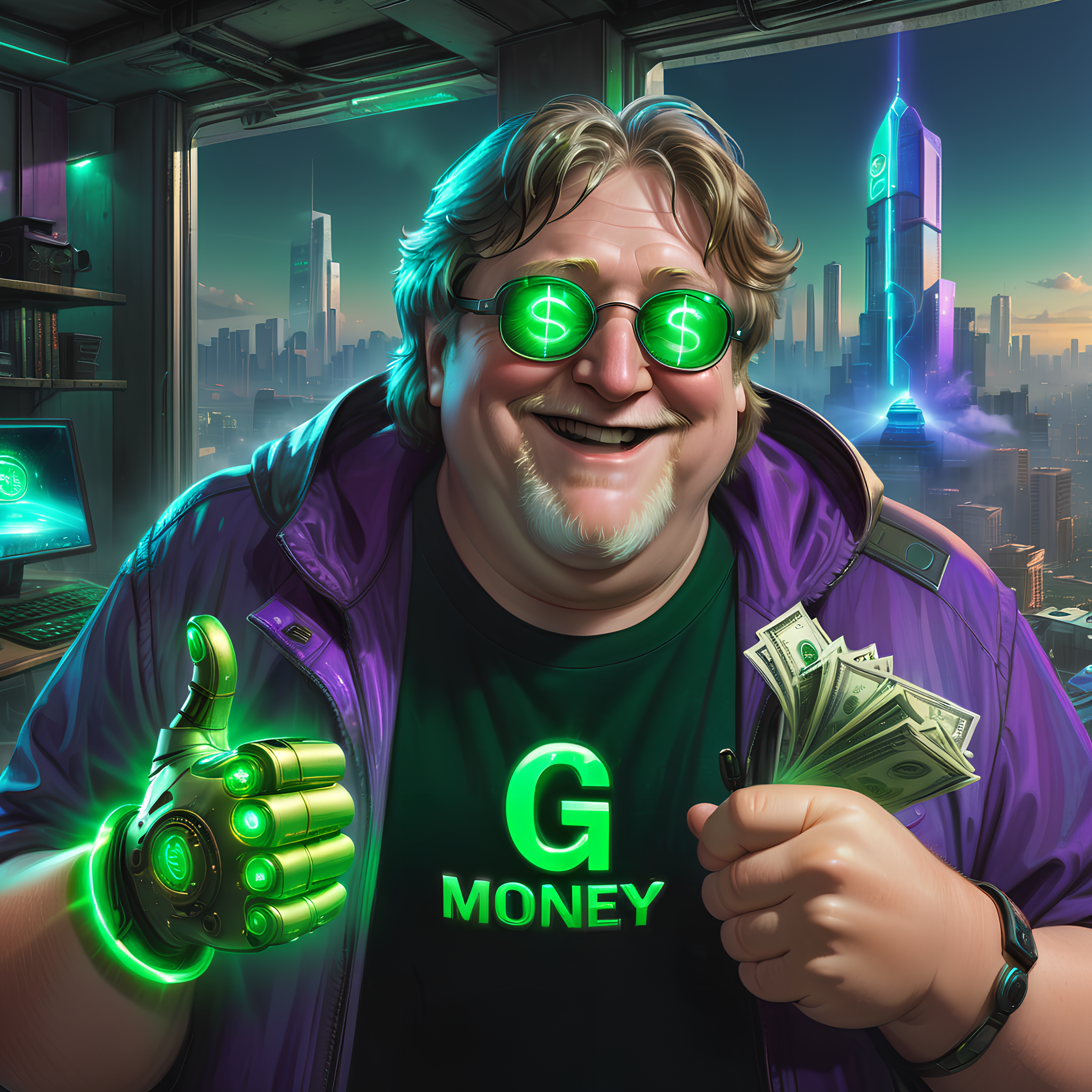Cyberpunk Gabe Newell, bright green text on shirt says, "G Money", laughing, steam summer sale, hacker, Gaben has all your...